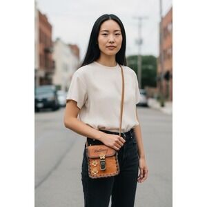 Monterrey Vintage Leather Crossbody Bag Small Floral Buckle Strap Mini Purse